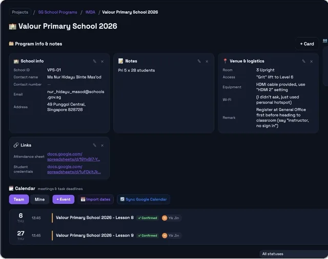 A project view of a school programme with contacts, logistics and a lesson calendar