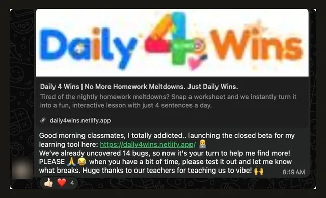 A learner announcing the closed beta of Daily 4 Wins to their classmates