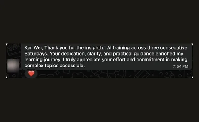 A learner thanking the trainer for three consecutive Saturdays of AI training