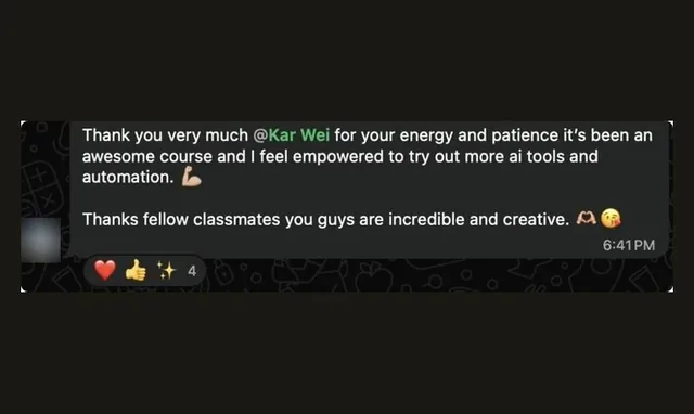 A learner saying the course left them empowered to try more AI tools and automation